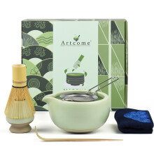 Artcome 7 Pcs Complete Matcha Tea Ceremony Kit - Bowl, Whisk, Scoop, Strainer, Powder, Set for Usucha, Koicha, Latte (Green)