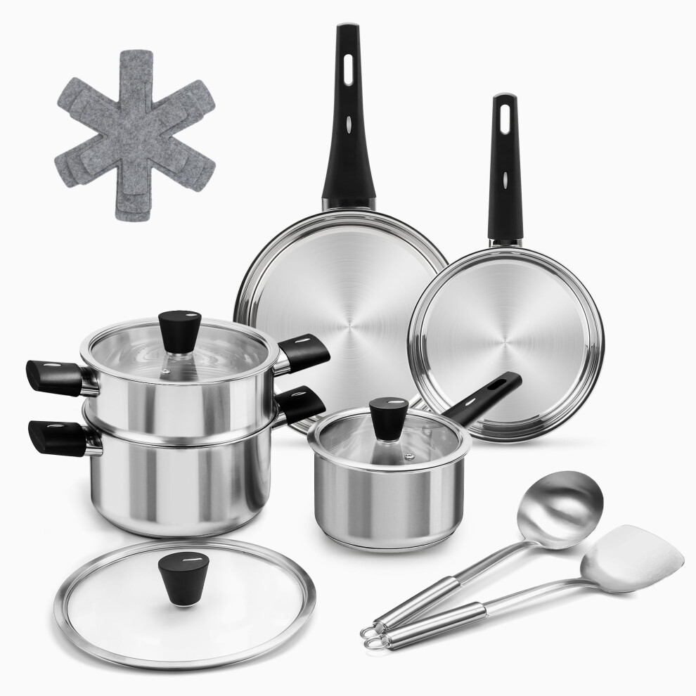 Stainless Steel Saucepan Set, 14-Piece Non Toxic Cookware Set with Stay-Cool Handle, Kitchen Induction Hob Pots and Pans Set with Steamer,