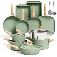 Kitchen Academy 17 Pcs Pots and Pans Set Non Stick, Induction Kitchen Cookware Set, Green Healthy Nonstick Granite Coated Saucepans Frying Pans Set,