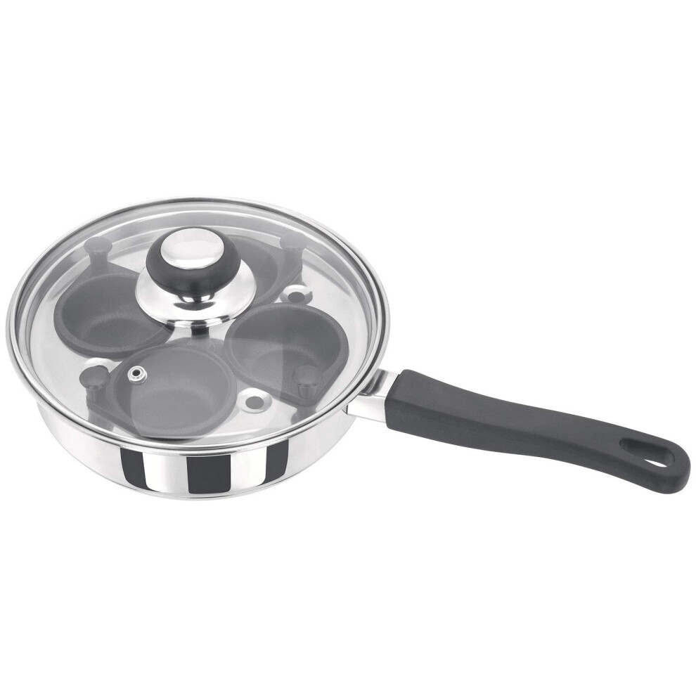 Judge Essentials Four-Cup Egg Poacher and Stainless Steel Frying Pan, 20cm, Vented Glass Lid and Stay-Cool Handle - 10 Year Guarantee