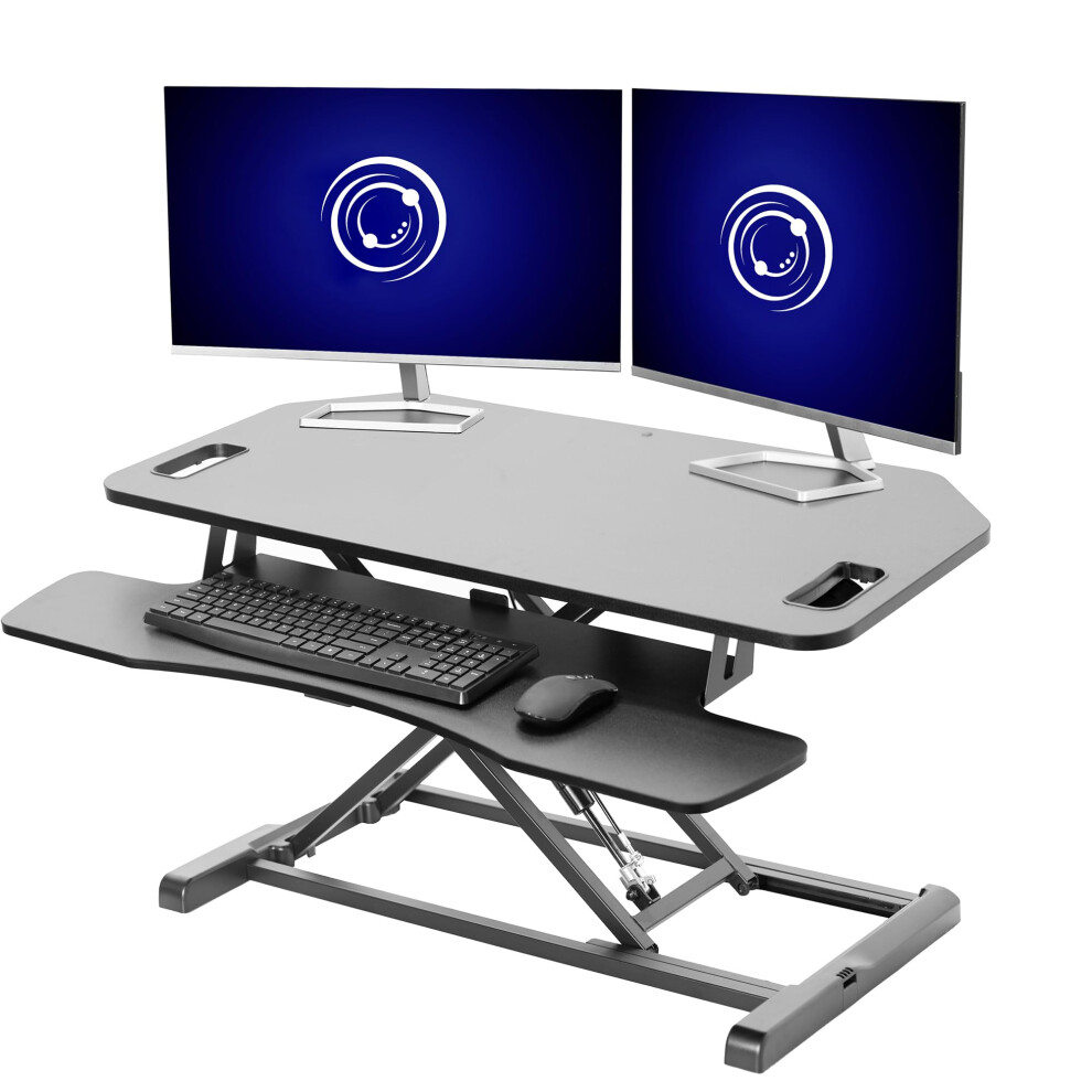 VIVO Extra Wide Corner Height Adjustable 97 cm Stand up Desk Converter, Sit Stand Tabletop Dual Monitor and Laptop Riser Workstation, Black,