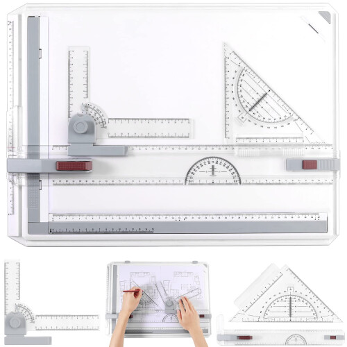 eSynic A3 Drawing Board Set, A3 Multifunction Drafting Table Adjustable Measuring System Angle Parallel Motion Drawing Board with Protractor, Paper