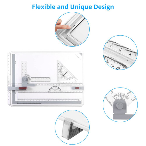 eSynic A3 Drawing Board Set, A3 Multifunction Drafting Table Adjustable Measuring System Angle Parallel Motion Drawing Board with Protractor, Paper 2