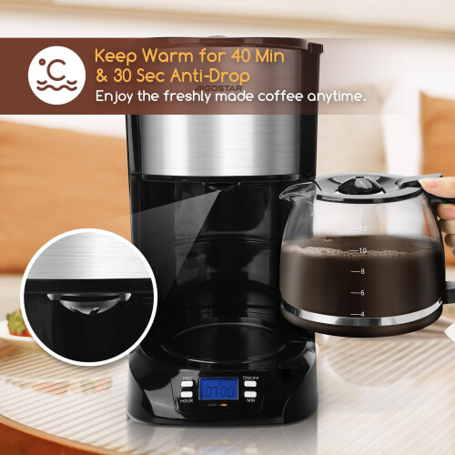 Aigostar Filter Coffee Machine, Programmable Drip Coffee Maker with 24hr Timer & 40min Keep Warm, Fast Brewing, 1.5L Coffee Filter Machine with 2