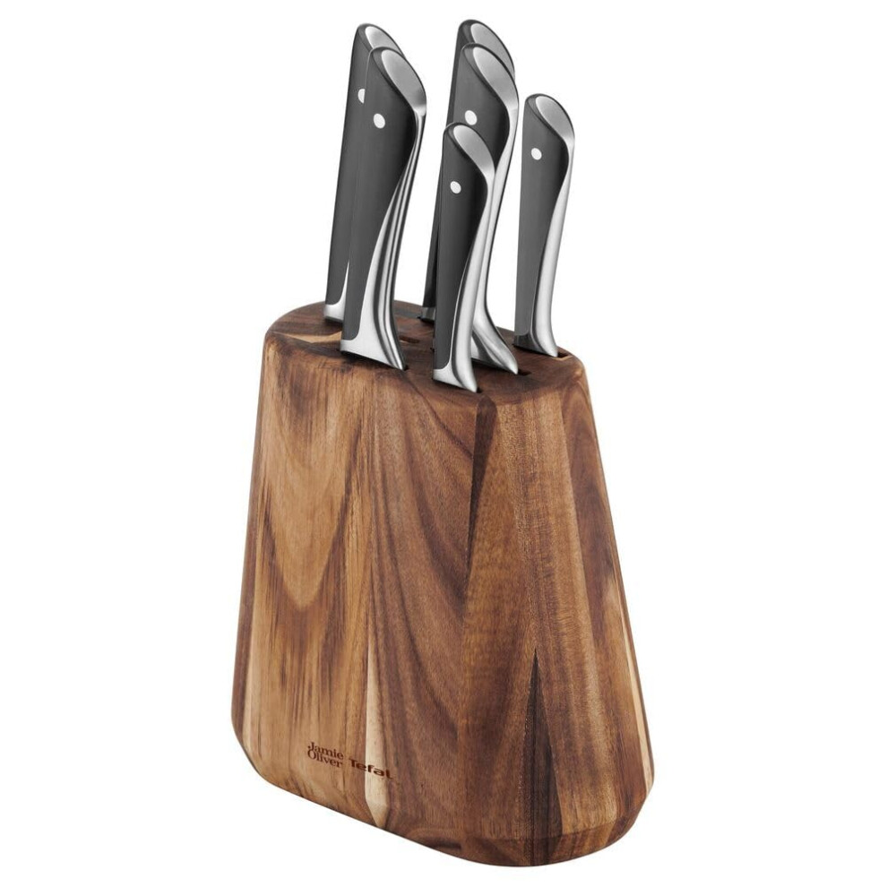 Tefal Jamie Oliver Kitchen Knives Set, 6 Pieces: Knife Block, Chef, Bread, Slicing, Santoku, Utility, Paring Knives, German Stainless Steel, Ice