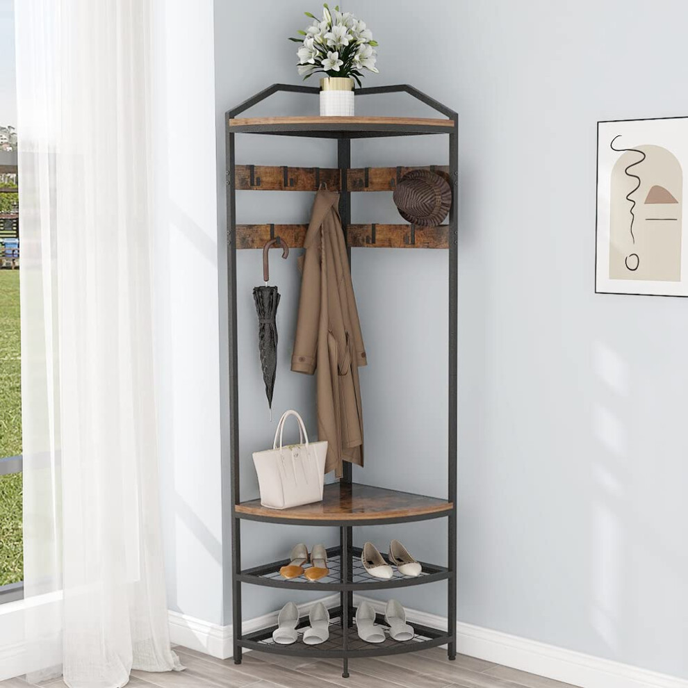 VEDECASA Corner Hall Tree with Shoe Bench 4-Tier Industrial Freestanding Entryway Coat Rack with 10 Metal Movable Hooks and Wooden Storage Shelves for-image-OPC-PH522MC-NEW