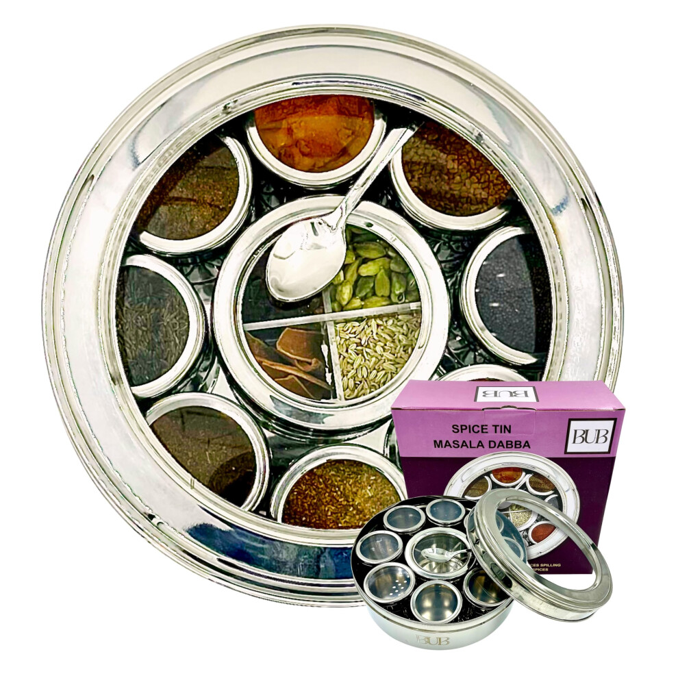 Bub Bub: Large 22Cm Premium Spice Tin Masala Dabba | 9 Spice Jars With Individual Lids | Holds 12 Spices | Polished Stainless Steel With Serving Spoon &