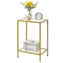 YMYNY Gold Side Table, 2 Tier Sofa End Table, Bedside Tables with Tempered Glass, Coffee Table, Laptop Table for Living Room, Bedroom, Home Office,
