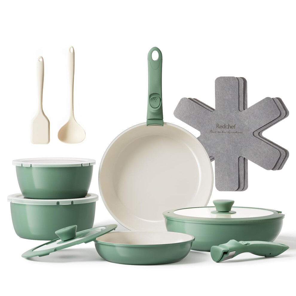 Redchef 16pcs Ceramic Pots and Pans Set Non Stick, Nonstick Cookware Set with Detachable Handle, Non Toxic, PFAS PFOA & PTFE Free, RV Ceramic Cookware