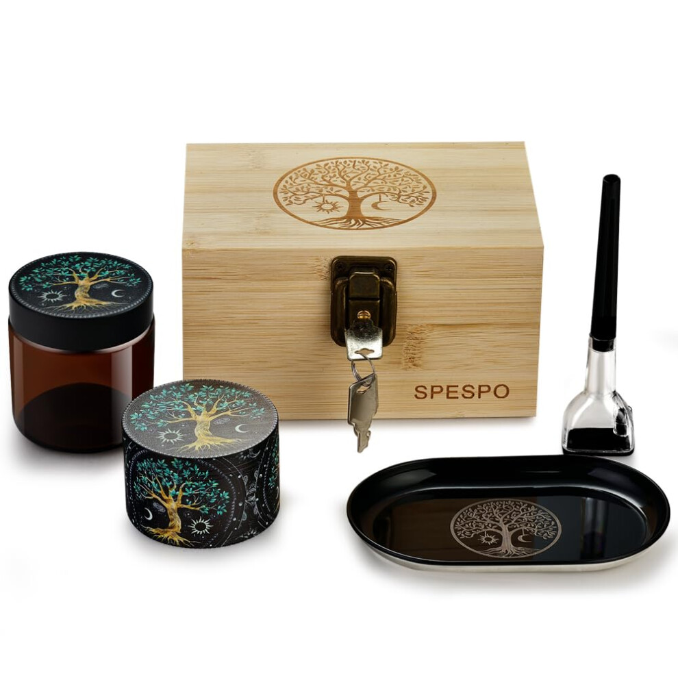 Spespo Grinder Set, Includes 2.5 Inch Herb Grinder, Rolling Tray, Storage Jar&Rolling Stick, Lockable Bamboo Box Gift Set For Men Women