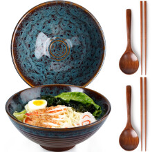 NUTRIUPS 1200ml Ceramic Ramen Bowl Set of 2 Noodle Bowls with Chopsticks and Spoons (Peacock Tail)