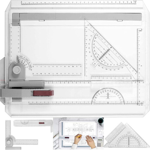 eSynic A4 Drawing Board Set A4 Multifunction Drafting Table Adjustable Measuring System Angle Parallel Motion Drawing Board with Protractor, Paper