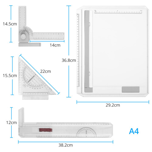 eSynic A4 Drawing Board Set A4 Multifunction Drafting Table Adjustable Measuring System Angle Parallel Motion Drawing Board with Protractor, Paper 1