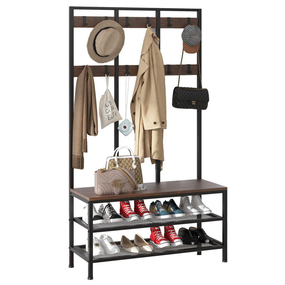 Dripex Large Coat Rack Stand Industrial Coat Stand with Hooks and Shoe Bench Clothes Hat Rack Shelf Metal Frame for Bedroom Living Room Hallway (with