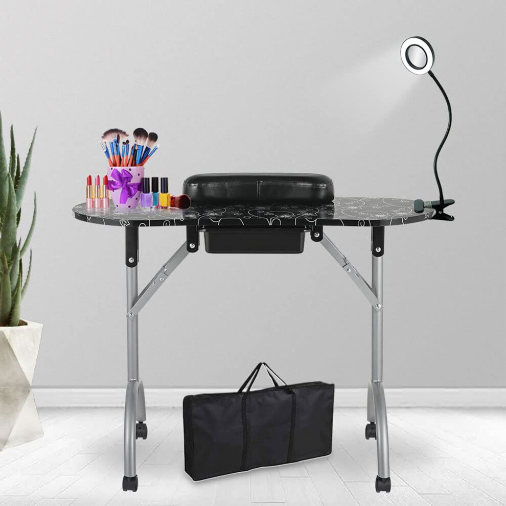 LEIBOU Professional 36''L Portable & Foldable Manicure Table Nail Technician Desk Workstation Manicure Table with Magnifier USB LED,Rolling