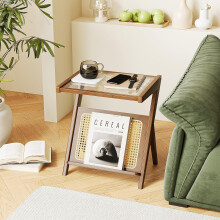 Bamworld Rattan Side Table Boho NightStand Mid Century Modern End Table Glass Bedside Table Small End Tables Bamboo Coffee Table with Storage Record