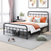 Double Bed Frame with Headboard and Storage Under Bed, Metal Bed Frame Double Size No Box Spring Needed, Enhanced Mattress Support, Noise Free, Black
