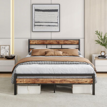 HOJINLINERO Double Bed Frame with Wooden Headboard,Heavy Duty Metal Platform Bed Frame Double Bed,Mattress Bed Base,Metal Slat Support,Under Bed