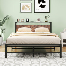 HOMERECOMMEND Double Bed Frame with Wood Storage Headboard No Box Spring Needed,Steel Slats Mattress Foundation Square Pipe Design Noise Free Black