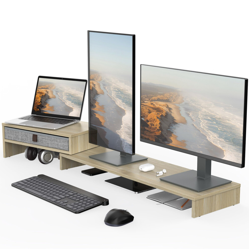 Fenge Dual Monitor Stand With Drawer - 2 Shelf Riser With Adjustable Length And Angle, Wood Stand For 2 Monitors, Laptop Pc, Computer, Printer, 5051220125993