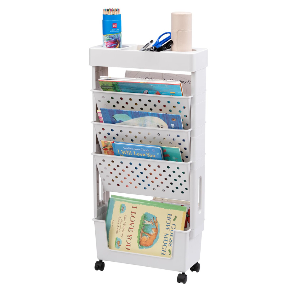 DOEWORKS Mobile Bookshelf with Wheels Bookshelf Trolley Small, Book Storage Trolley Cart 5-Tier Rolling Bookcase, Movable Bookshelf trolley Slim
