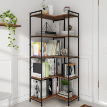 VEDECASA 5 Tiers Corner Bookshelf 5 Tiers Deformable Corner Bookcases Industrial Freestanding Bookshelf Storage Display Rack with Metal Frame for