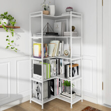 VEDECASA 5 Tiers Corner Bookcases L Shaped Corner Bookshelves White Bookshelf Storage Display Rack with Metal Frame for Living Room Home Bedroom Home