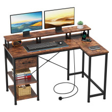 Dripex L Shaped Desk with Power Outlet Corner Computer Desk with Storage Shelves & Fabric Drawer, Study Writing Table Gaming Desk for Home Office