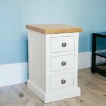 GROFurniture Snow White Slim Bedside Table with 3 Drawers - Real Wood Narrow Nightstand, Fully Assembled with chunky oak top
