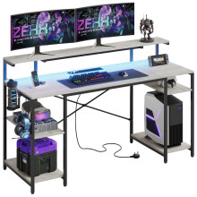 Bestier 140 CM Computer Desk with Power Outlets & LED Lights with Monitor Shelf Gaming Desk with Shelves Writing Desk with Storage Office Desk