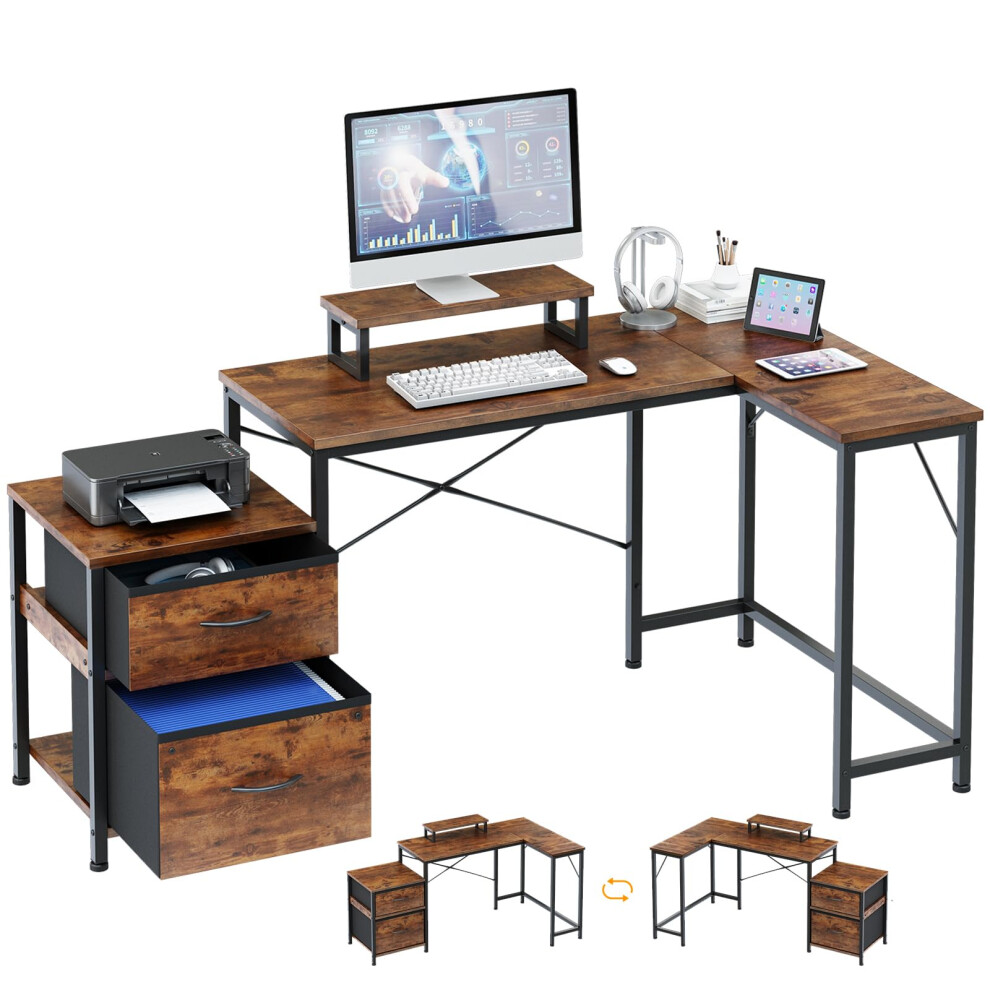 Dripex L Shaped Desk with Filing Drawer & Storage Drawer Compact Corner Desk with Monitor Stand Reversible Computer Desk for Home Office Bedroom Small