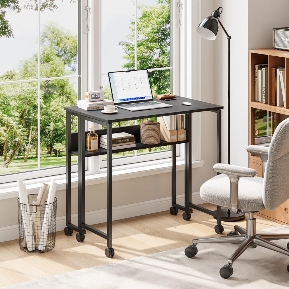 Dripex Folding Desk with Storage Shelf, Small Rolling Desk on Wheels Mobile Couch Sofa Bed Side Table for Home Office Small Space, Black