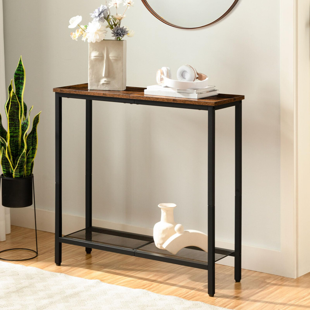HOOBRO Slim Console Table with Storage, Narrow Console Table for Hallway, Industrial Hallway Table, Slim Sofa Table for Living Room, Bedroom, Rustic