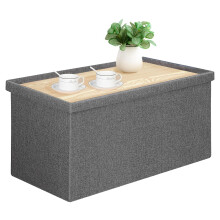 Bonlife Large Foldable Ottoman Bench with Coffee Table,Toys Chest with Lid,Footstool for Living Room,Support 250KG,Linen,Grey,76x38x38CM