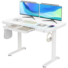 Claiks Glass Standing Desk with Drawers, 120?60 cm Adjustable Stand Up Desk, Quick Install Home Office Computer Desk with USB Ports, White