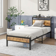 JELUTE Single Bed Frame with Wooden Storage Shelf Headboard, Metal Platform Bed Frame, No Box Spring Needed, Noise Free, Reinforced Strong Support