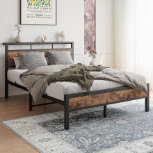 JELUTE Double Bed Frame with Wooden Storage Shelf Headboard, Metal Platform Bed Frame, No Box Spring Needed, Noise Free, Reinforced Strong Support