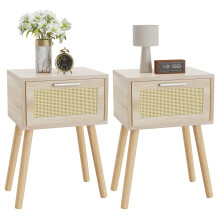 YMYNY Nightstand Set of 2, End Table, Small Bedside Table, Handmade Rattan Decorated Drawer, Solid Wood Legs, 35?27?53cm, Modern Side Table for