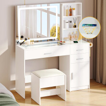 YITAHOM Dressing Table, Glass Top Vanity Table Makeup Desk with 3 Drawers and Storage Cabinets, White Bedroom Dressing Tables with Mirror and Stool,