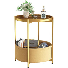 Huhote Side Table, Round End Table with Fabric Basket, Small Bedside Table, Nightstand Sofa Table for Living Room, Bedroom, Bathroom, Balcony, Modern