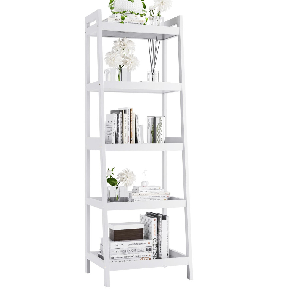 vovala Bookshelf, 5 Tier Ladder Bookcase with Bamboo Frame, Freestanding Tall Narrow Display Plant Shelf for Living Room, Kitchen, Bedroom, Balcony,-image-OPC-PH526KZ-NEW