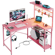 Bestier L-Shaped Gaming Desk with Power Outlets, LED Workstation with 4 Tiers Shelves for Home Office, Gamer Reversible Table with Hooks and Cup