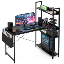 Grandder 100x80 cm L Shaped Gaming Desk with Reversible Storage Shelves, Computer Desk Home Office Corner Study Writing Table with Hutch, Study, Black