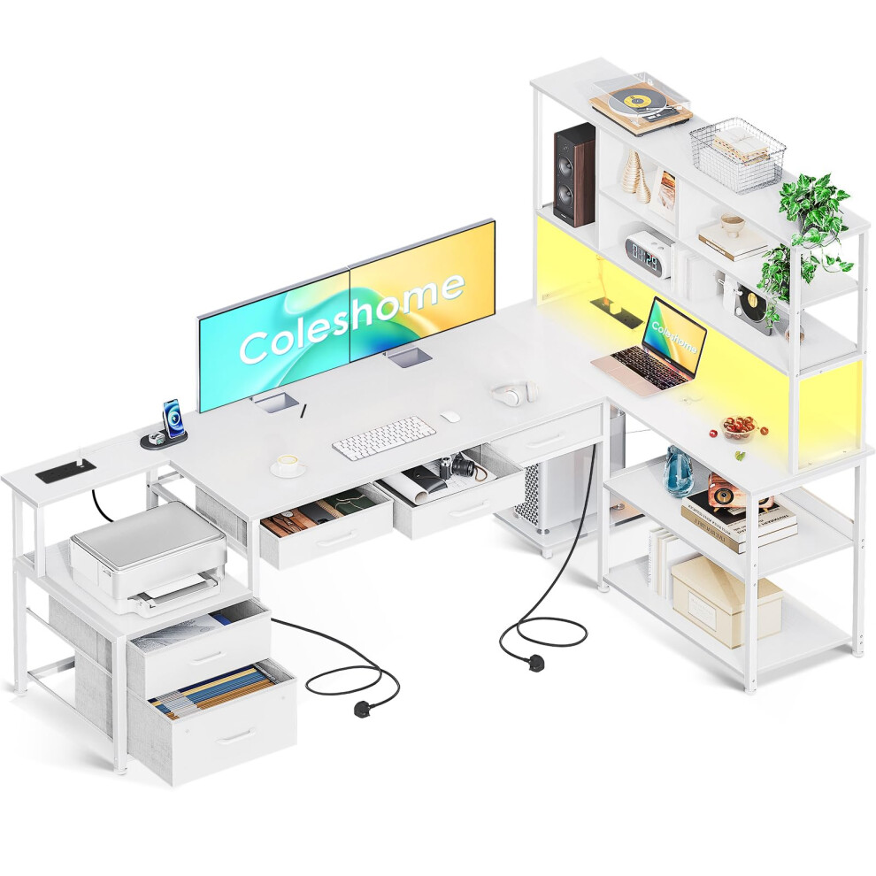 Coleshome L Shaped Corner Desk with Drawers, Reversible Home Office Computer Desk with Storages & Shelves, Gaming Table with LED Lights & Power