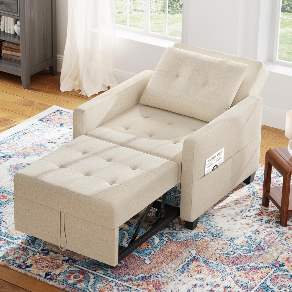 Vesgantti 3 in 1 Convertible Sofa Bed with Adjustable Backrest, Beige Fabric Single Sofa Bed Chair with Side Pockets, Foldable & Pull Out for Living
