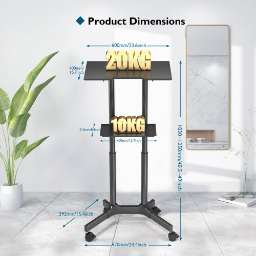 BONTEC Computer Desk Mobile Laptop Table Height Adjustable Standing Desk with Wheels, Mobile Workstation/Presentation Trolley/Ergonomic Top Platform 1