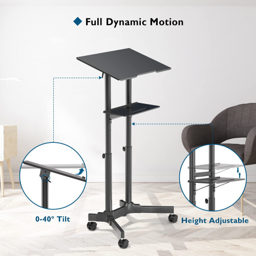BONTEC Computer Desk Mobile Laptop Table Height Adjustable Standing Desk with Wheels, Mobile Workstation/Presentation Trolley/Ergonomic Top Platform 2