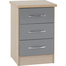 Seconique Nevada 3 Drawer Bedside in Grey Gloss/Light Oak Effect Veneer