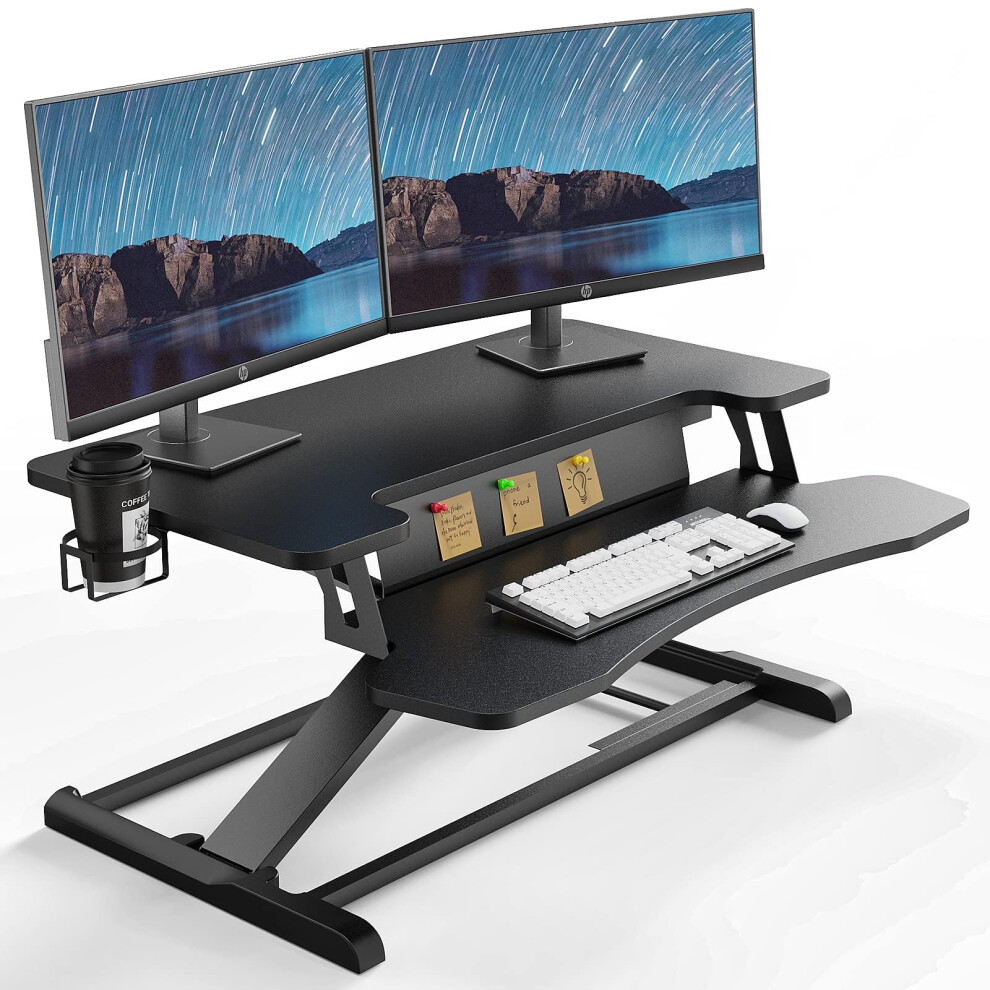 Putorsen Standing Desk Converter, 37'' Dual Tiered Sit-Stand Desk Riser With Keyboard Tray, Height Adjustable Computer Workstation With Cup Holder And