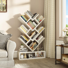 YITAHOME Tree Bookshelf, Floor Standing Bookcase with Wooden Drawer Industrial Shelving Units Display Storage Shelf for Living Room,Home,Office, White